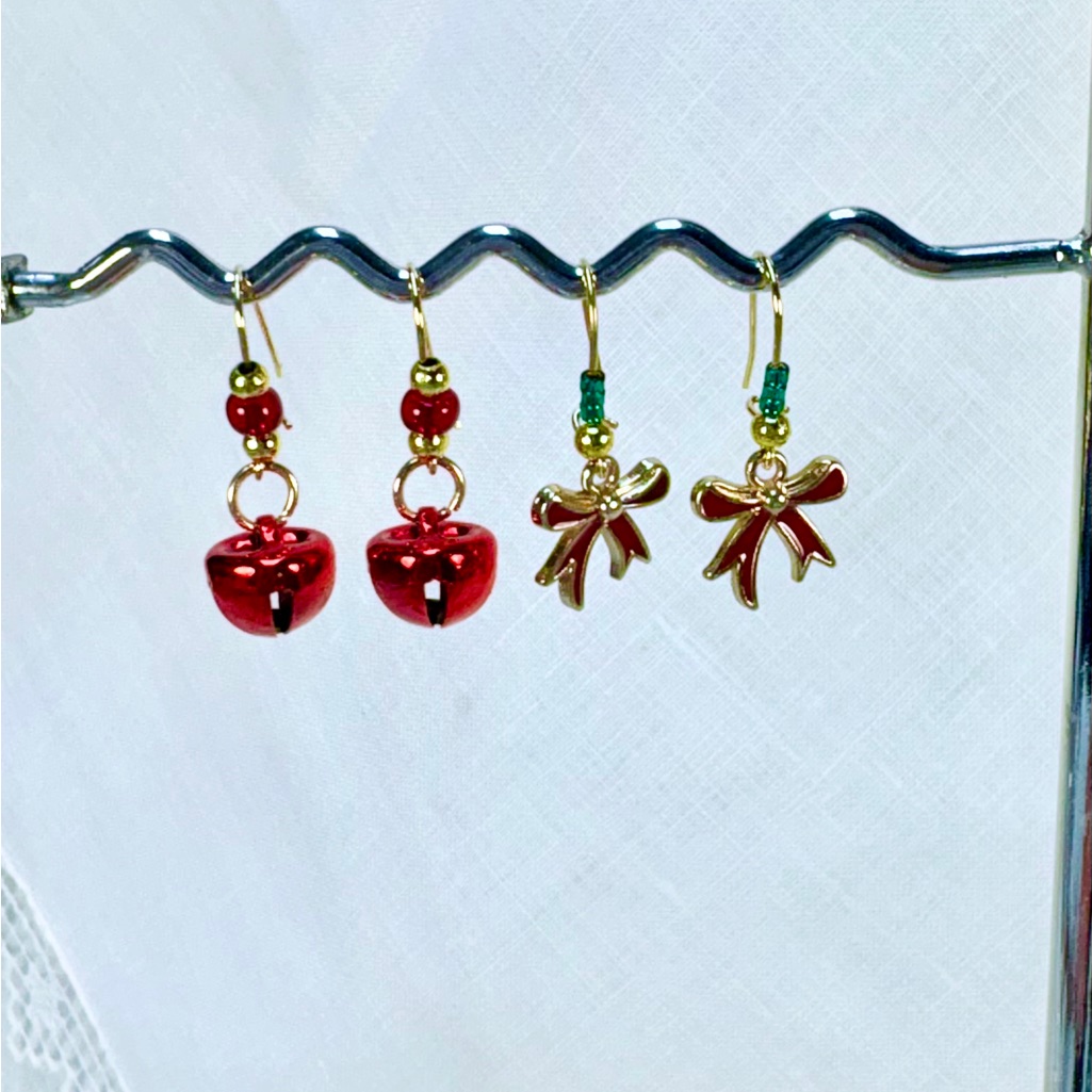 Handcrafted Women Earrings Pierced Red Jingle Bells & Red Bow W/Green Accents